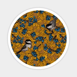 Chickadee birds on blueberry branches in yellow and mustard Magnet